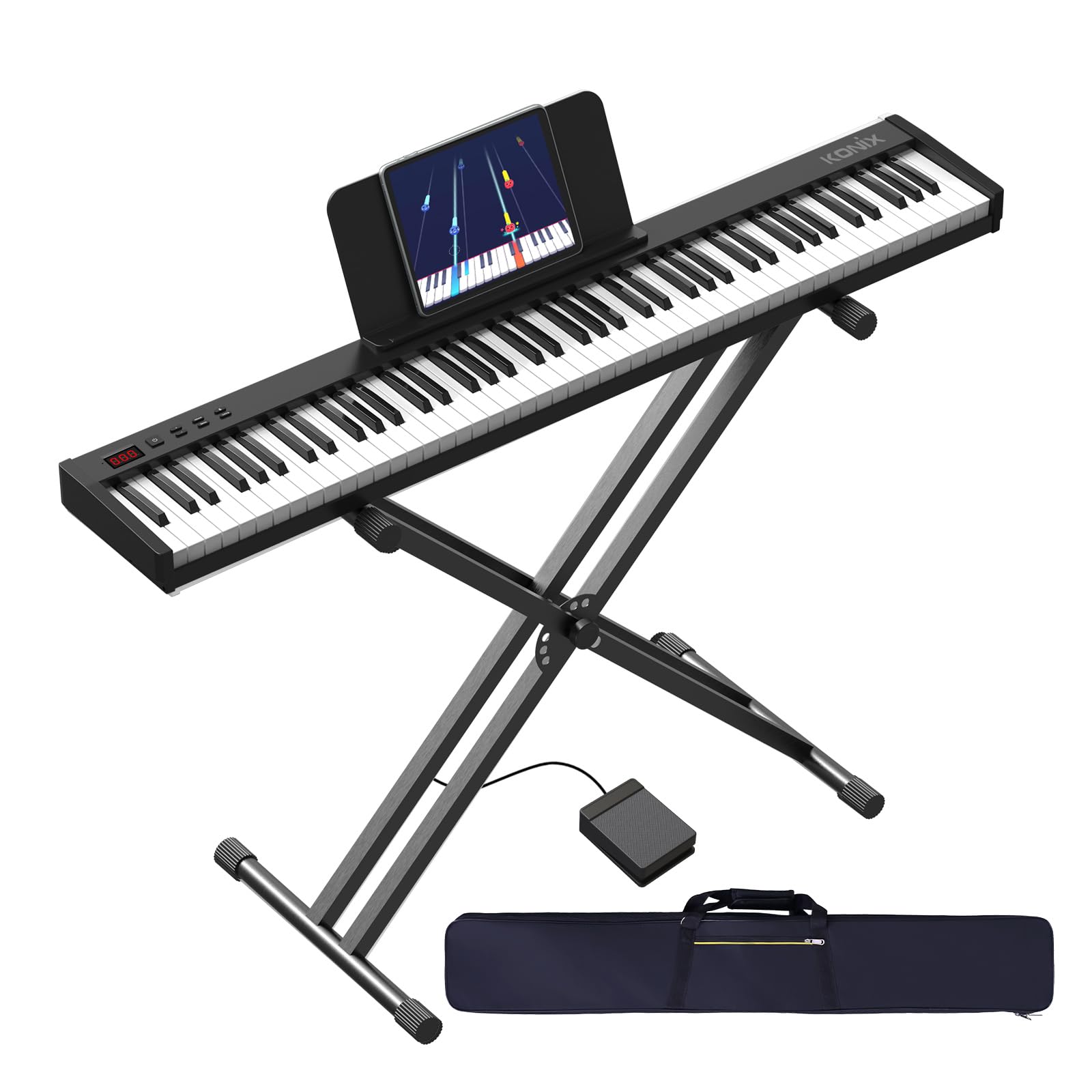 KONIX 88 Key Semi Weighted Keyboard Piano, Full Size Digital Piano with Double X Stand, Portable Keyboard Piano for Beginner Include Sustain Pedal, Power Supply and Piano Bag - Black