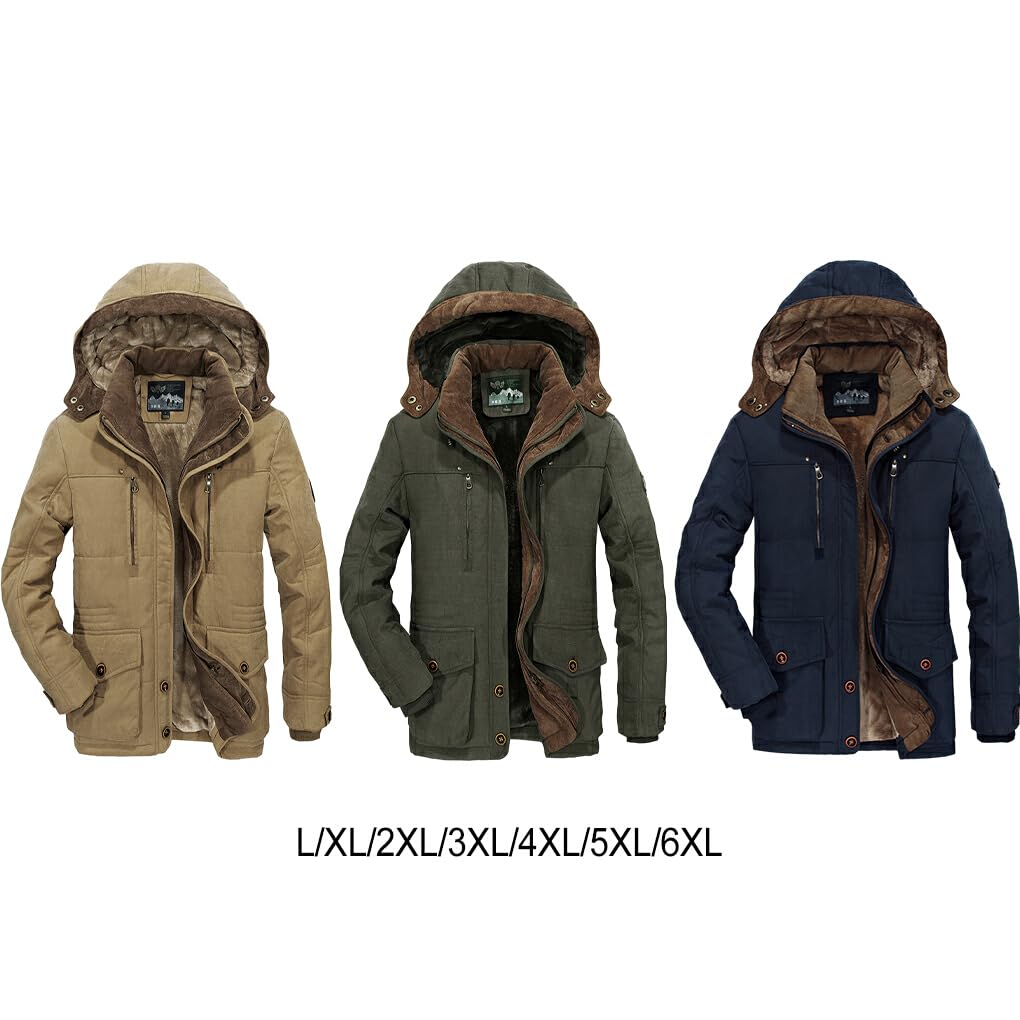 Veste coupe-vent à capuche pour hommes, grande taille 5XL 6XL, vêtements d'extérieur, grande taille, coton épais, polaire, manteau chaud coupe-vent, kaki, XL