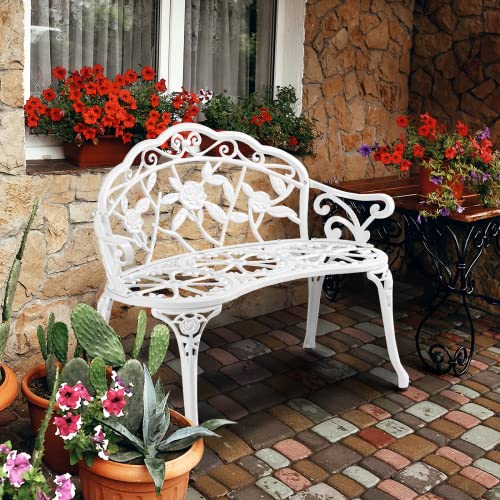 Image of VINGLI 38.5 inch Patio Park Garden Outdoor Metal Rose Bench, 2-Person Cast Iron Cast Aluminium Frame Antique Finish Chair,Accented Lawn Front Porch Path Yard Decor Deck Furniture (White, Rose)