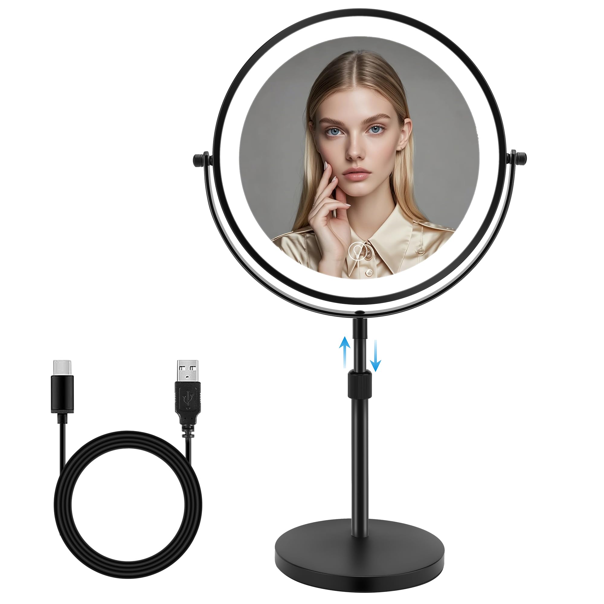 MEKOTRIN Espejo de Maquillaje de Doble Cara de Altura Ajustable con Luz, 3 Colores de Luz LED e Interruptor Táctil, para Cuidado Personal y Maquillaje (10X)