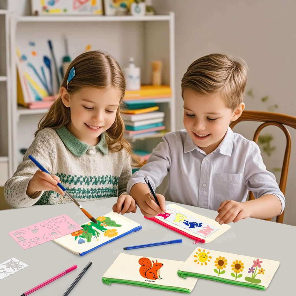 24 Unidades de lápices de Tela para Manualidades, Estuche de Lona para Pintar, 24 lápices de Colores, 20 Plantillas de Pintura DIY, Bolsa de Tela en Blanco para Bolsa de cosméticos para Pintar