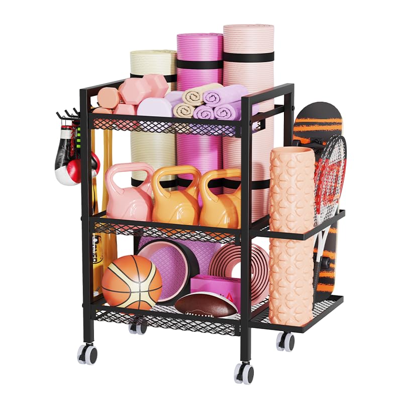 Emfogo Yoga Mat Storage Rack, Home Gym Storage Rack for Yoga Mat, Foam Roller, Resistance Bands, Yoga Block and Dumbbells, Rolling Workout Storage Rack with Wheels and Hooks