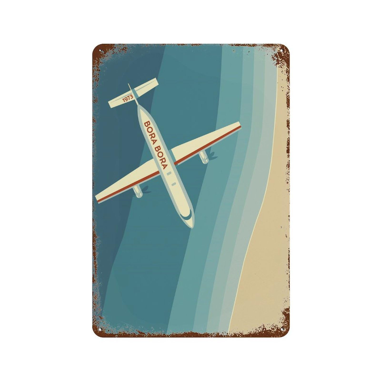 Airplane Over Bora Bora Mid Century Vintage Wall Sign 11.8"x7.9", Rust Effect Metal Decor for Garage, Bar And Workshop Decor