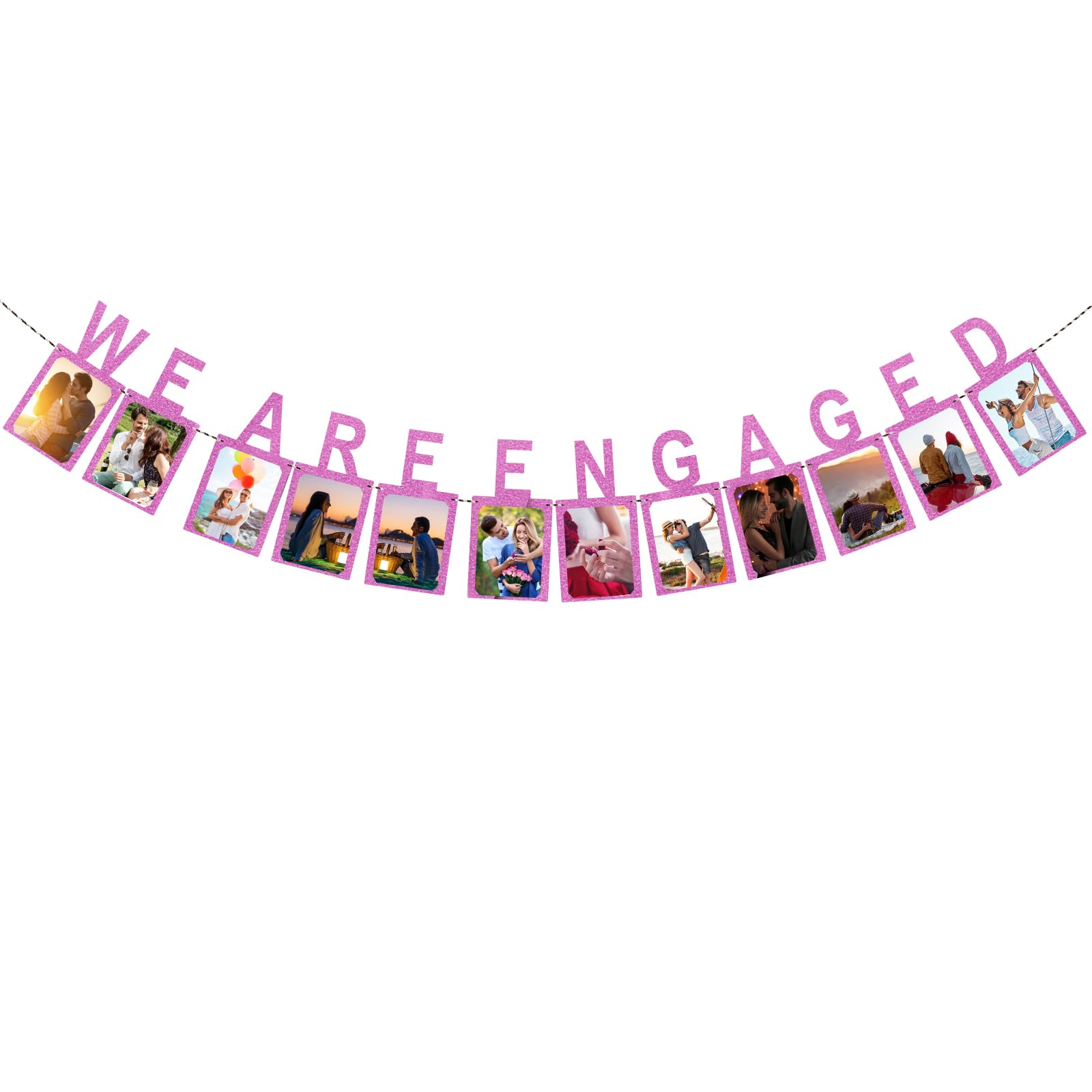 Lunhoo Engagement Banner, Engaged Party Decorations with Rope and Plastic Pin, Photo Banner for Engagement, Wedding, Valentines Day Party (Pink)