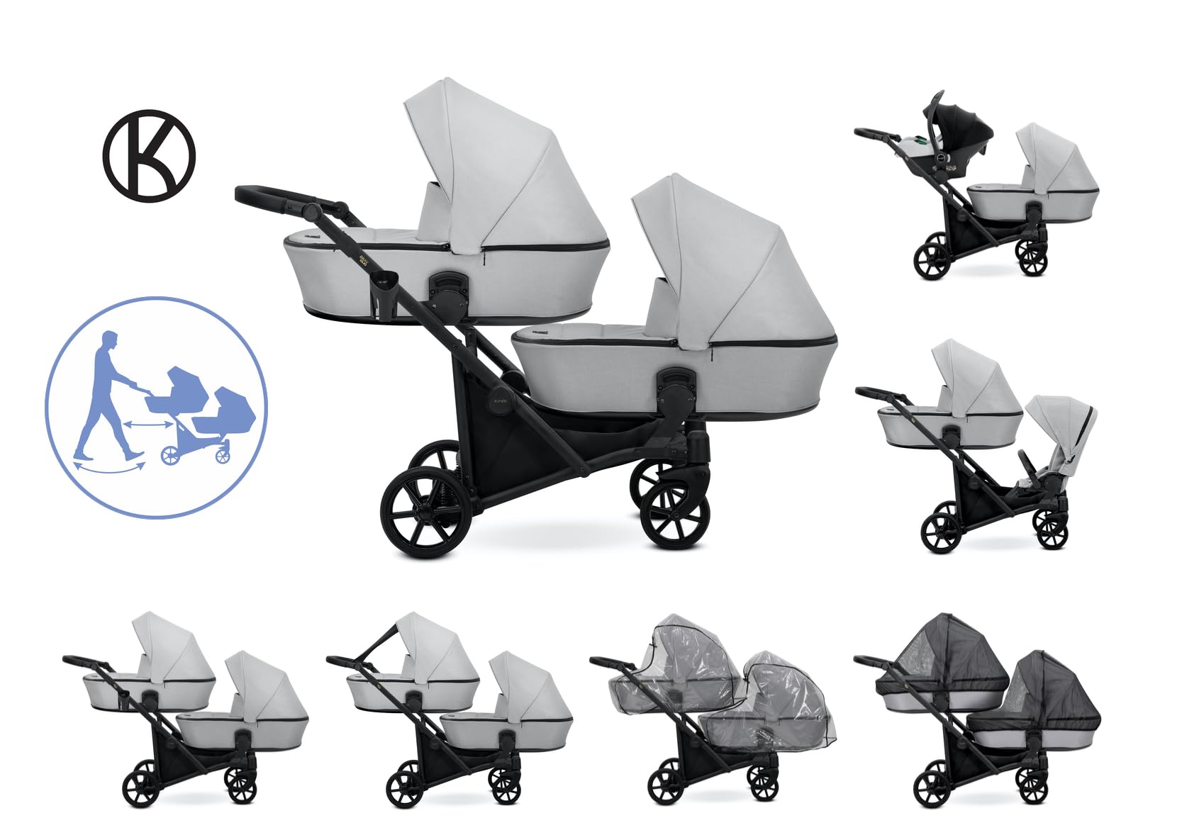 Kunert BRAV DUO Passeggino Gemellare 2 in 1+Accessori: Comfort, Sicurezza, Praticità, design elegante e funzionale, sistema versatile, telaio in alluminio (menta/telaio nero)