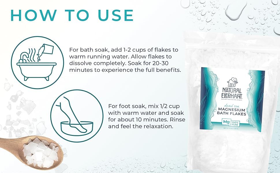 Natural Elephant Dead Sea Magnesium Bath Flakes | 2 lb Bag (32 oz) | Pure Magnesium Chloride Soak for Body and Foot | Ideal for a Soothing Bath Experience | Alternative to Epsom Salt