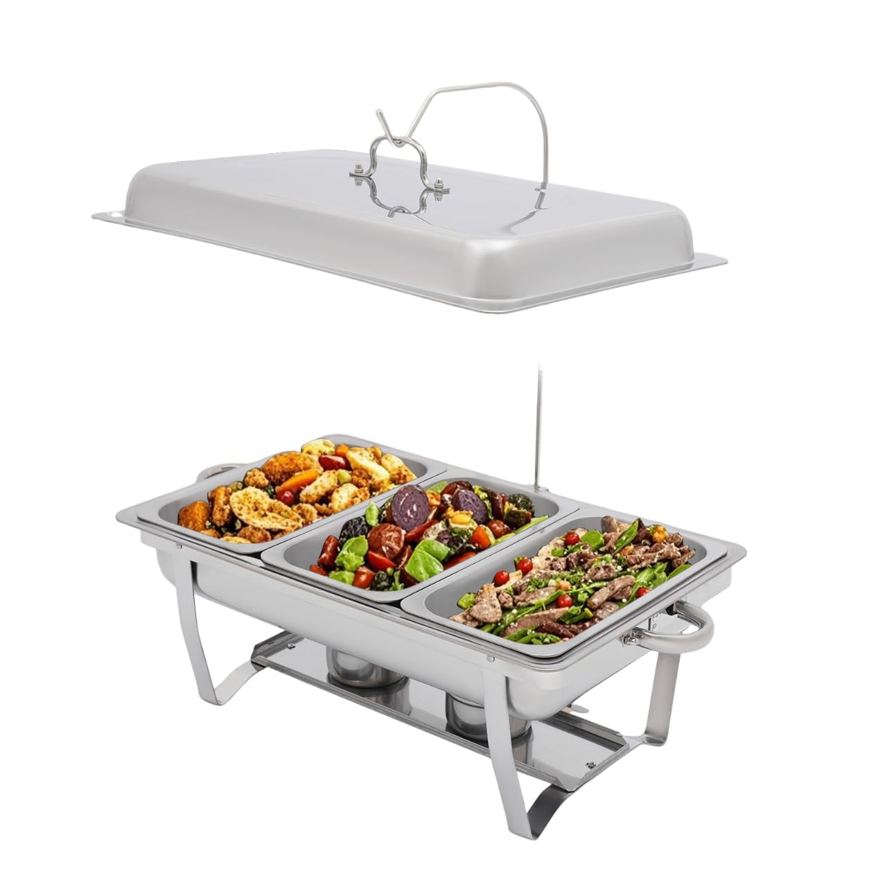 Scaldabagno a buffet, in acciaio inox, con 3 padelle per alimenti, contenitori per alimenti, Chafing Dishes, scalda cibo per catering, buffet e feste (56 x 35,5 x 7,5 cm)