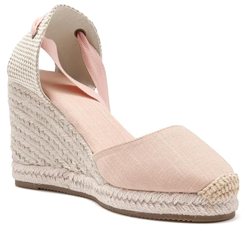 U-lite Sandálias femininas rasas espadrille bico fechado no tornozelo, clássico cadarço verão elegan
