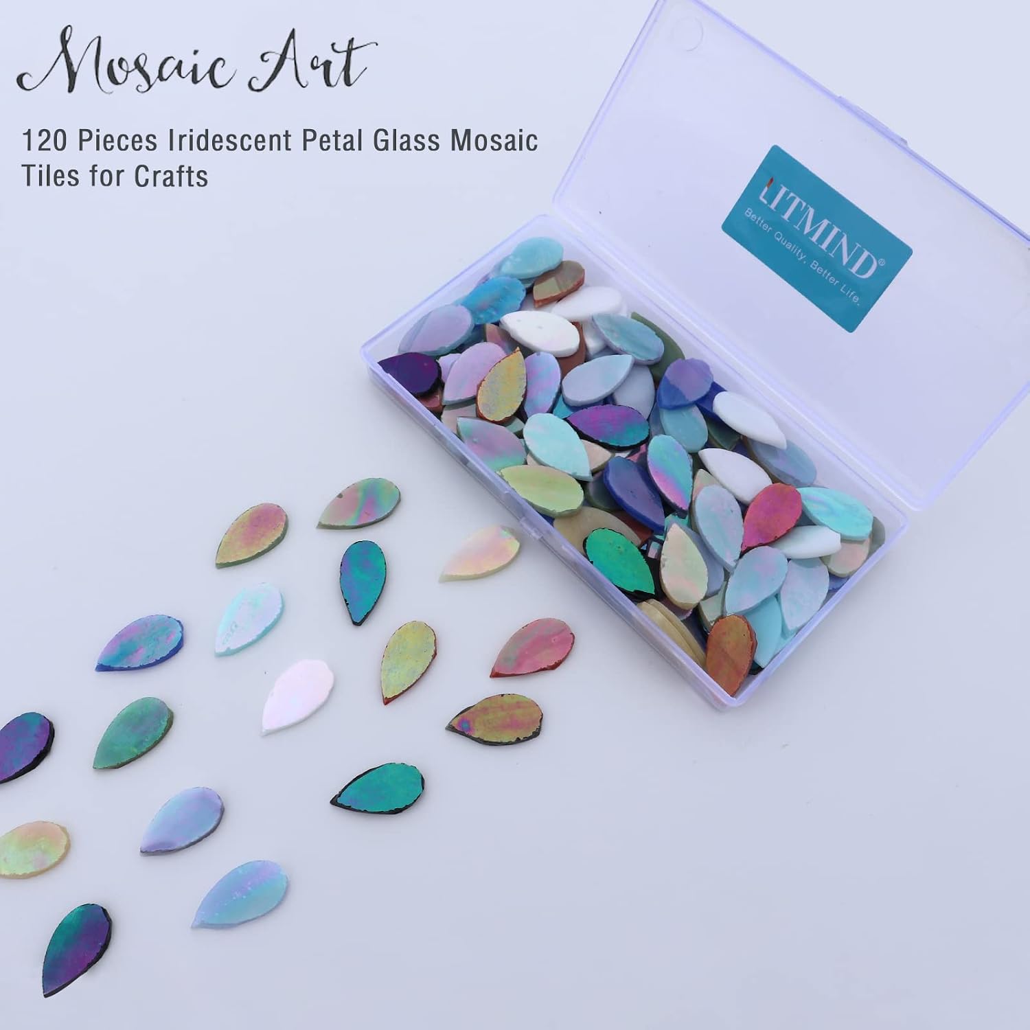 LITMIND 120PCS Iridescent Raindrop Stained Glass Mosaic Tiles – Precut Petal-Shaped Pieces for Crafts, Mixed Colors for Flower-Making & Decorative DIY Designs