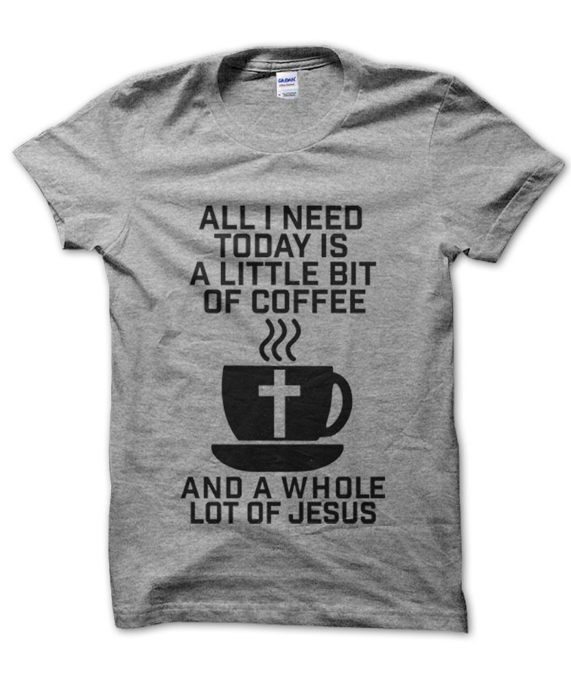Clique Clothing Grey All I Need A Little Bit Of Coffee And A Whole Lot Of Jesus T-Shirt (, L)