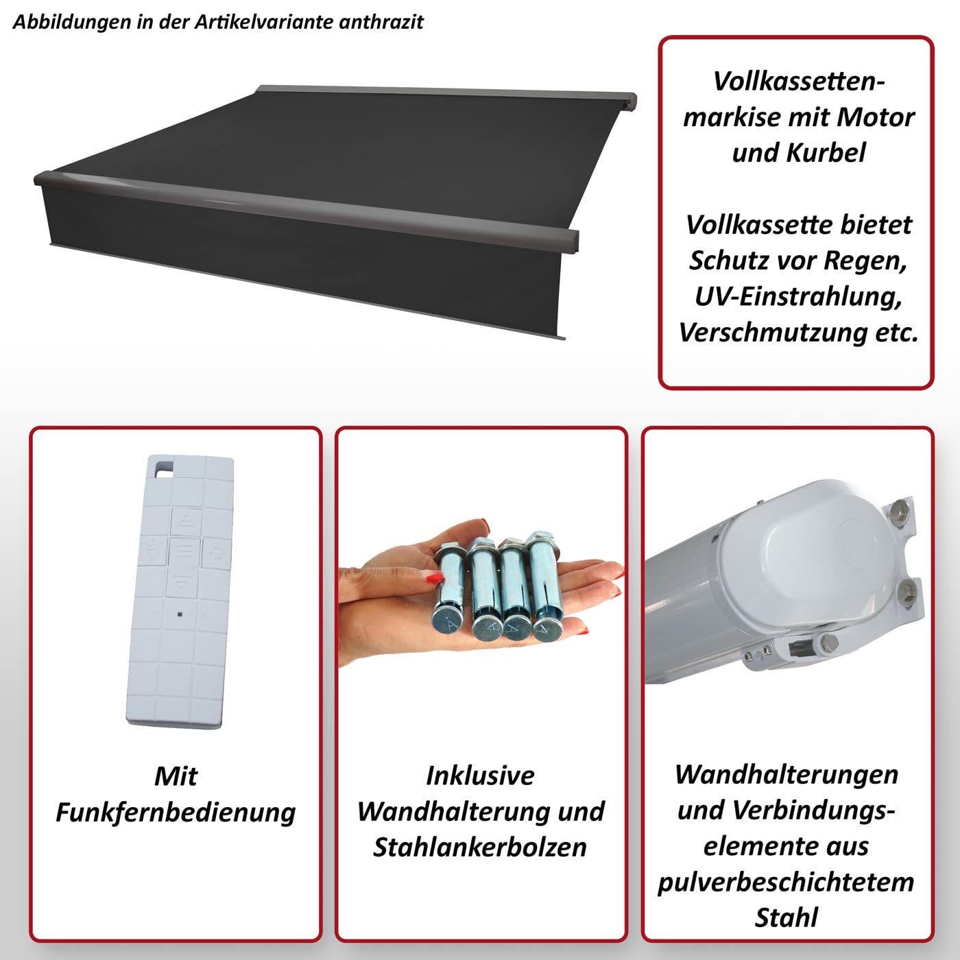 Mendler Elektrische Markise T124 5x3m - Polyester Grau/Weiß