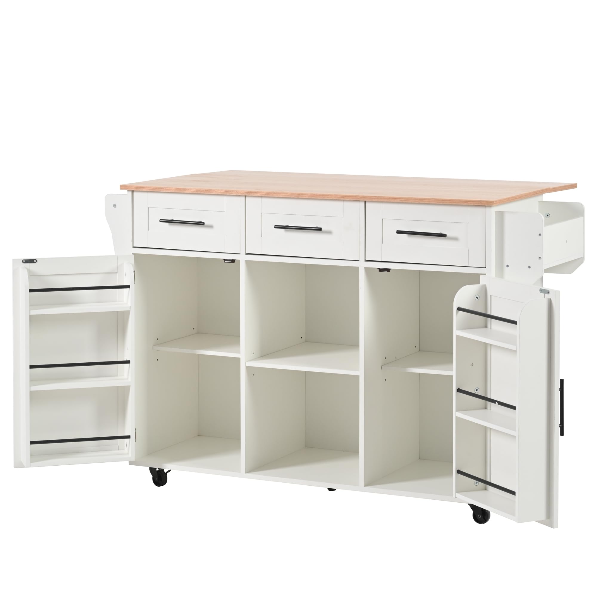 Isla de cocina con superficie de trabajo abatible, isla de cocina móvil con carro de servir sobre ruedas con 3 cajones/2 compartimento cerrado/patas intercambiables de madera maciza, 129x46(71