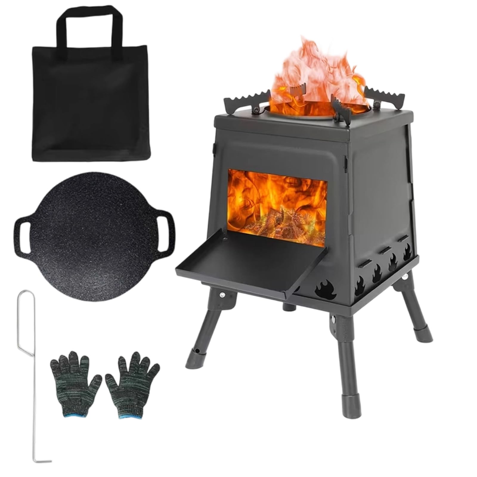 Portable Camping Wood Stove with 24cm Pan for Outdoor BBQ Cooking Hiking