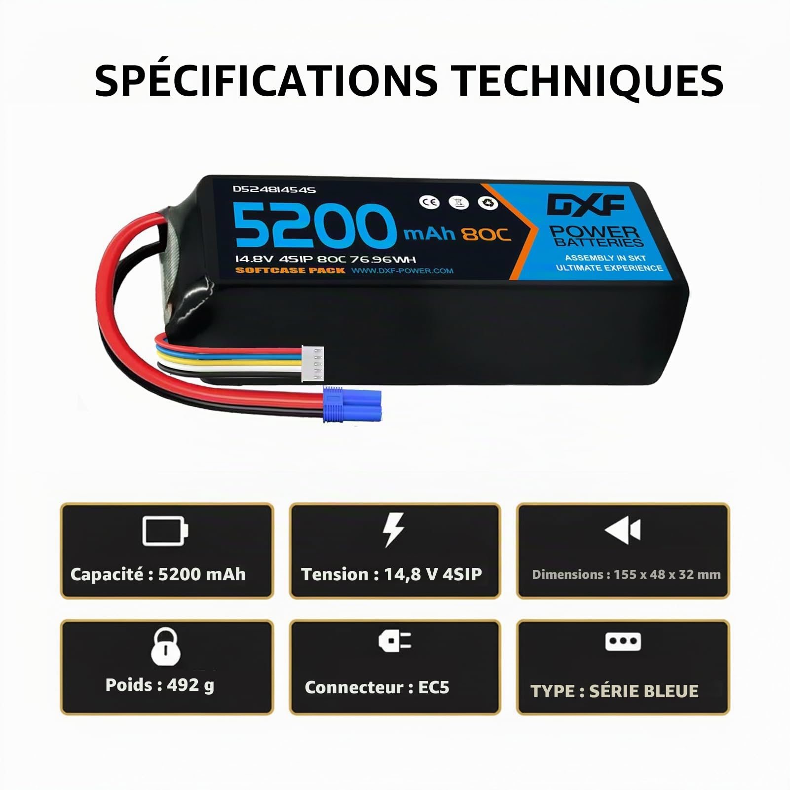 DXFBatterie LiPo 4S 14.8V 5200mAh 80C Connecteur EC5 - Pack de 2 Batteries Rechargeables Haute Décharge pour Voiture RC 1/10 1/8 Buggy Truggy Monster Truck Avion Hélicoptère Drone FPV