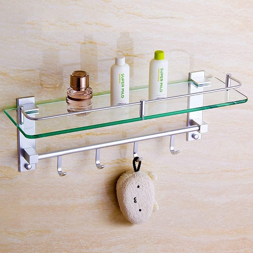 Bathroom Shelf Bathroom Single Pole Hook Combination Bathroom Frame Space Aluminum Glass Frame (Color : Silver, Size : 45cm) (Silver 40cm)