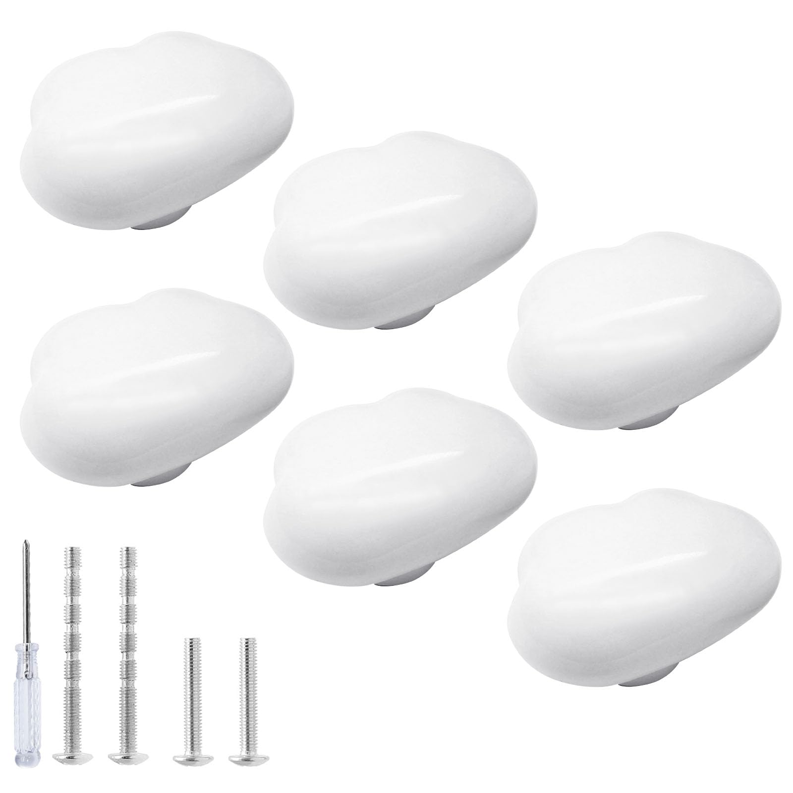 Qjaiune 6pcs Ceramic Cabinet Knobs - White Drawer Knobs, Cloud Shaped Dresser Knobs, Cute Kitchen Cabinet Pull Handles for Kids' Bedroom