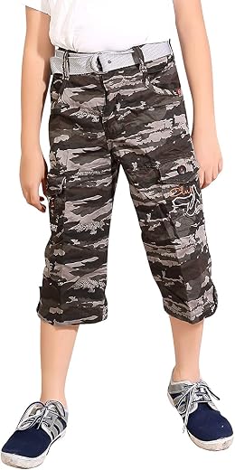 MAGIC Kids Boy's 6 Pocket Cotton Army 3/4th Capri | Shorts (Black & White Camouflage)