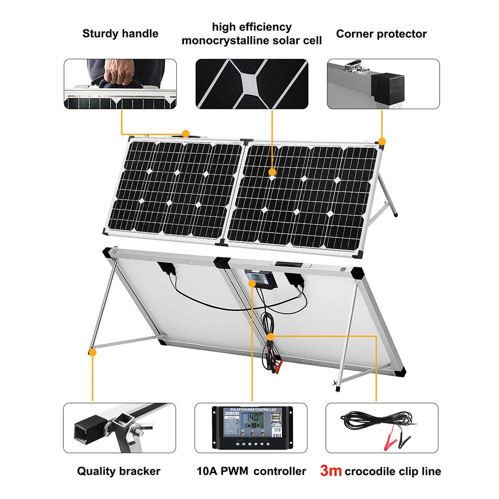 DOKIO Panel Solar Monocristalino PLEGABLE 100w con REGULADOR y MALETA,ALTA EFICIENCIA,ROBUSTO,FáCIL DE LLEVAR