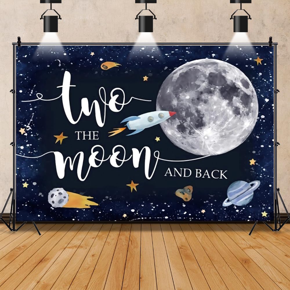 Leowefowa 2,7 x 1,8 m winylowe tło "Two The Moon" na 2. urodziny, kosmos, rakieta, astronauta, tło, nocne niebo, gwiazdy, planeta, galaktyka, tło, dekoracja na przyjęcie urodzinowe, rekwizyty studyjne