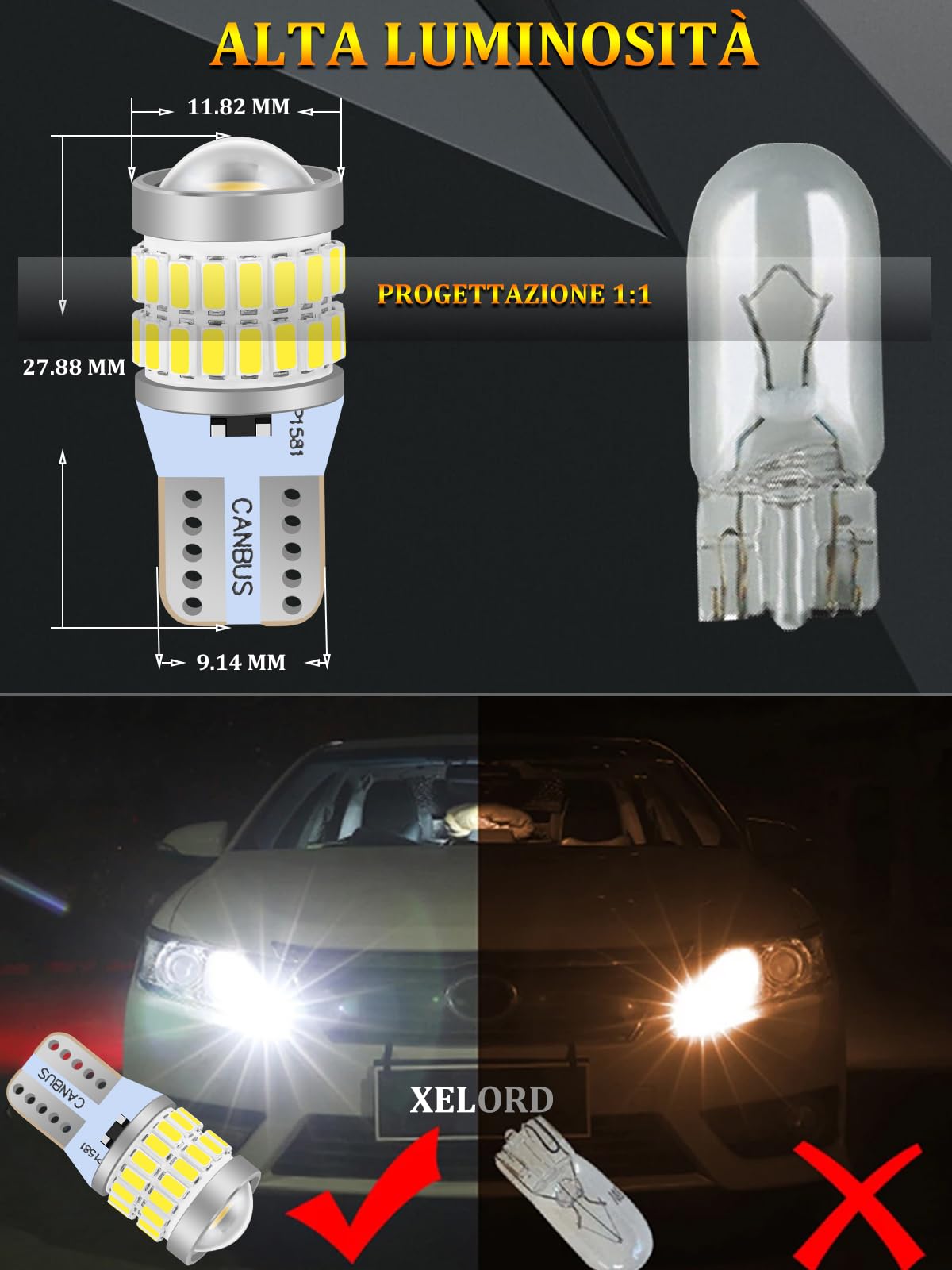 XELORD Lampadina W5W T10 LED 6000K Bianco Super Bright 168 282,Versione Aggiornata,Per Interni Auto Luce a Cuneo,a Cupola,di Lettura Luci Targa e di Posizione DC 12V,2PCS