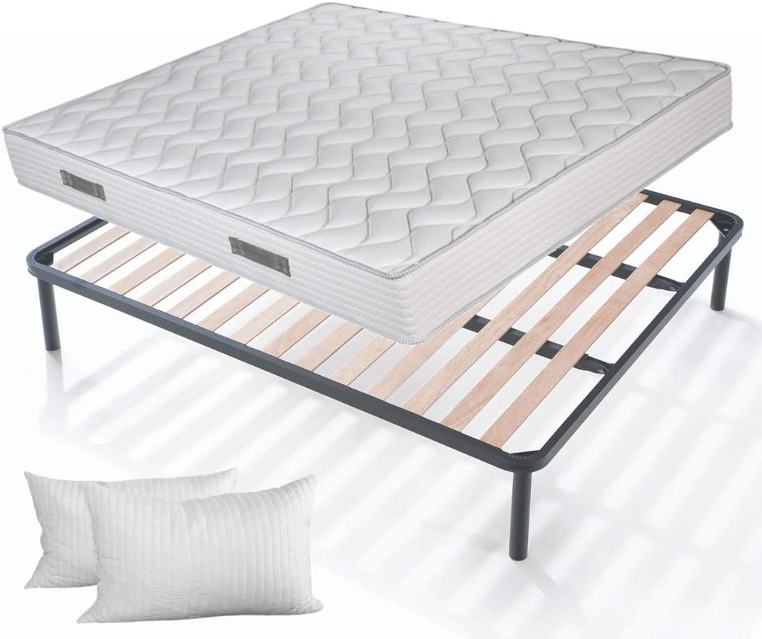Evergreenweb - Bed Frame and Mattress Kit Double 165 x 195 cm High + Pair of Free Memory Foam Cushions, Massaging Effect Bed Set and Slats in Natural Orthopaedic Wood - Offer