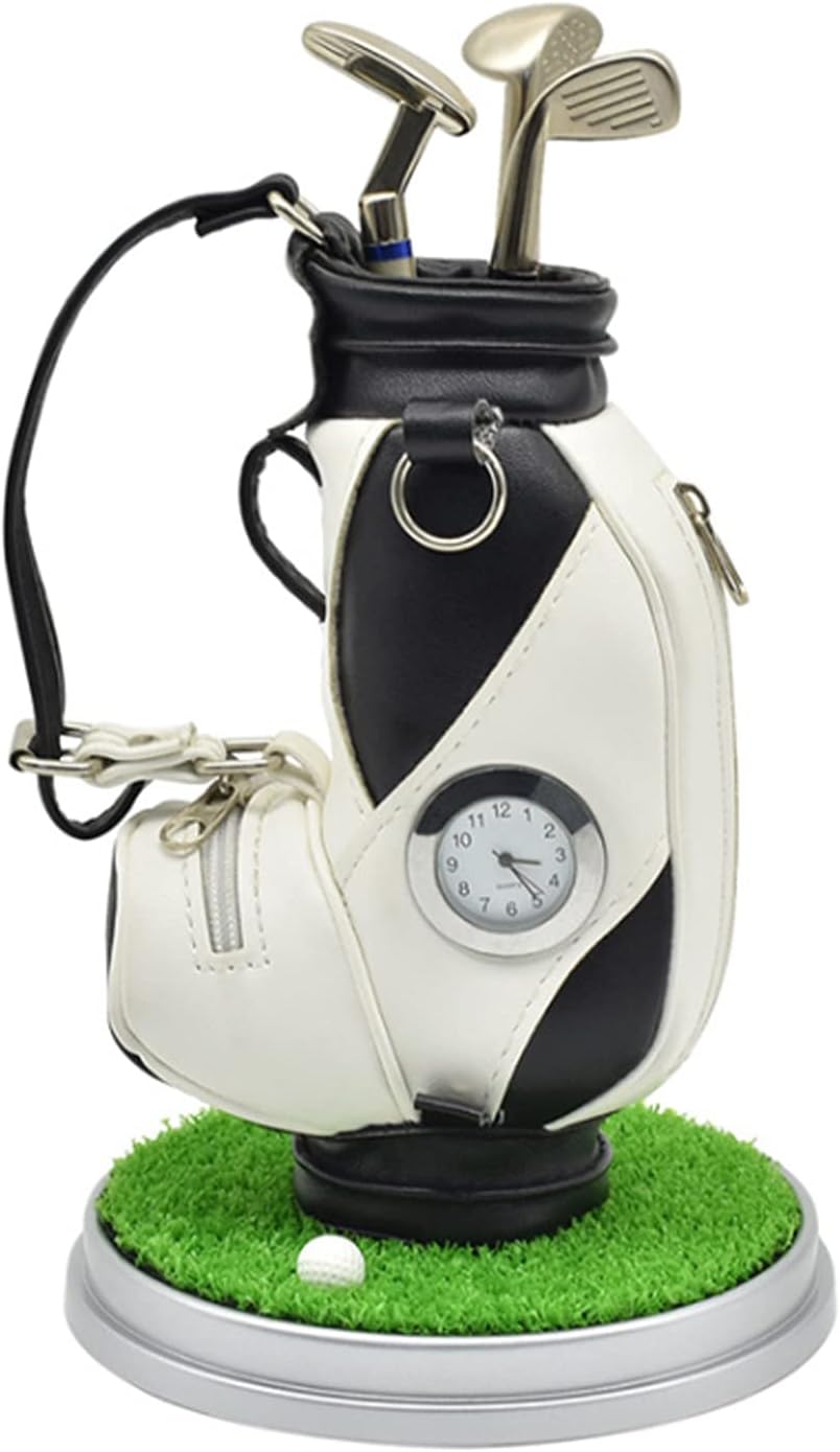 AMRTA Mini Golf Cart Bag Pen Holder with Clock and 3 Pen Golf Gift Set for Desktop Men Father
