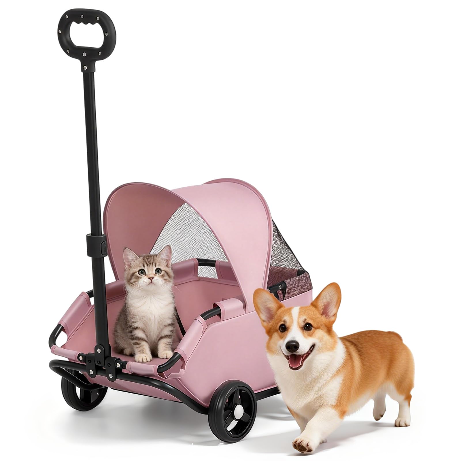 Chariot pour chien pliable à 4 roues avec barre pivotante à 360 ° - Chariot pour chat avec visière - Mini poussette pour animaux de compagnie - Tissu Oxford 600D (rose)