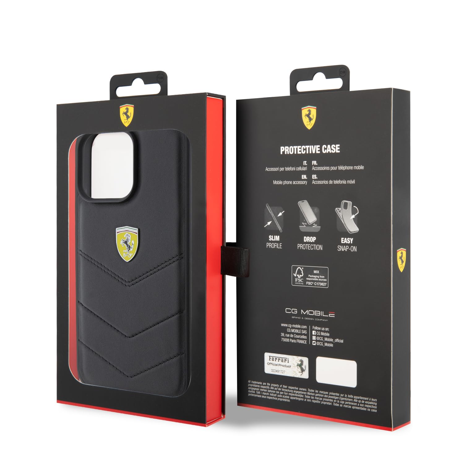 Ferrari FEHCP15XRDUK - Custodia rigida per iPhone 15 Pro Max 6.7", con logo in metallo, colore: Nero