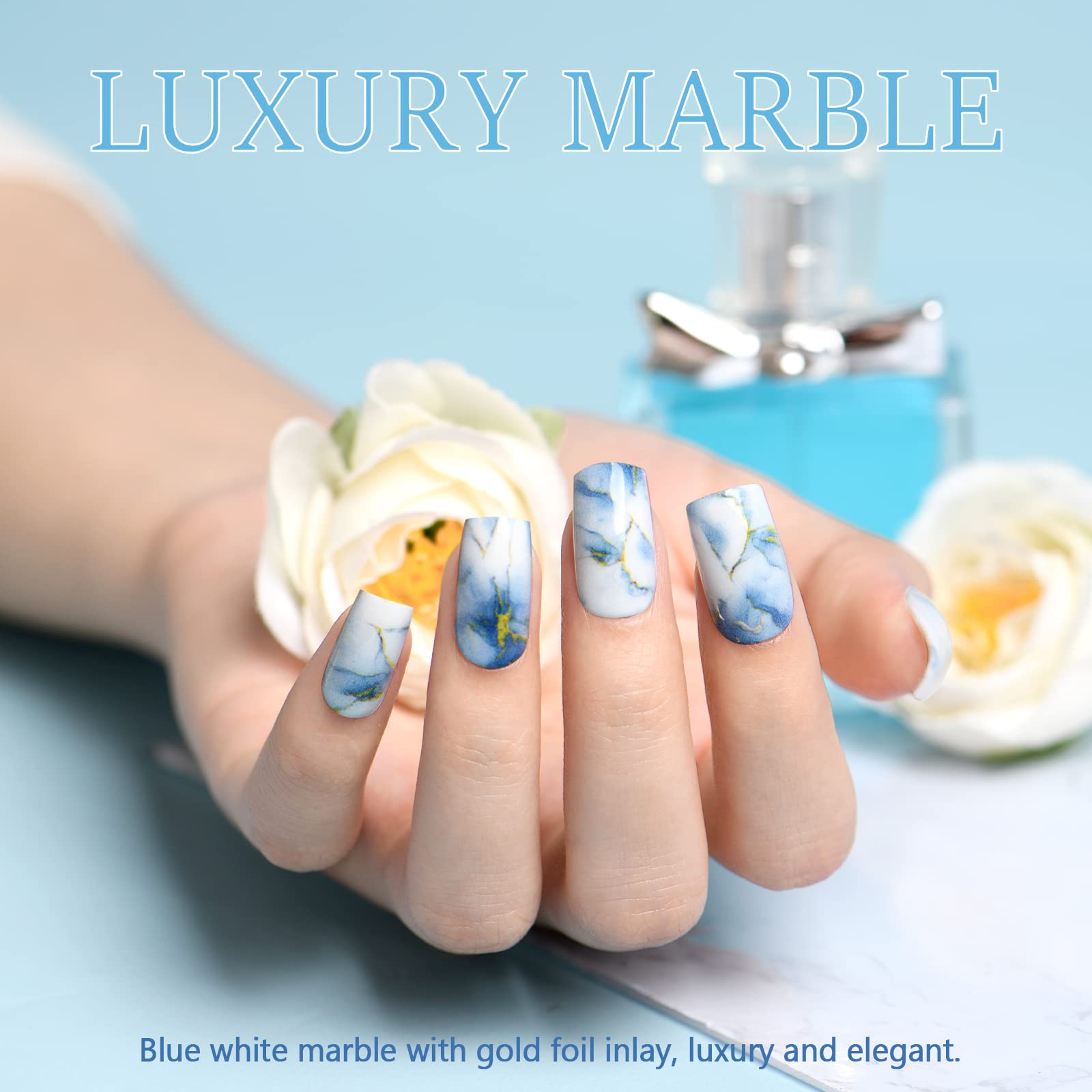 Amazon.com: Press on Nails Short Square, Blue Gold Marble Fake Nails with  Design UV Glue on Nails Medium Luxury Blooming Acrylic False Nail Kits  Stick on Nails for Women 2022 Reusable Full