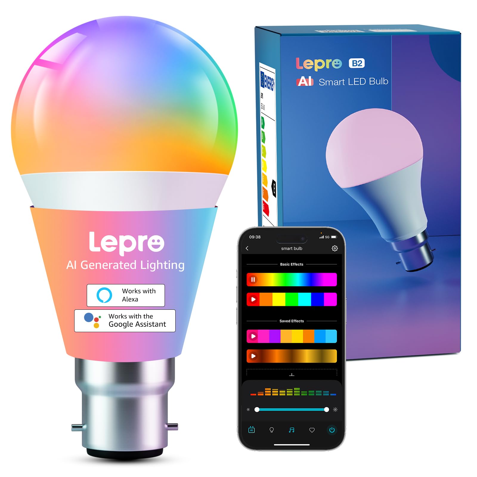 Lepro B2 AI Smart Bulb, 1100lm WiFi Bulb B22, Music Sync Colour Changing Light Bulbs, Personalized AI Lighting Designer