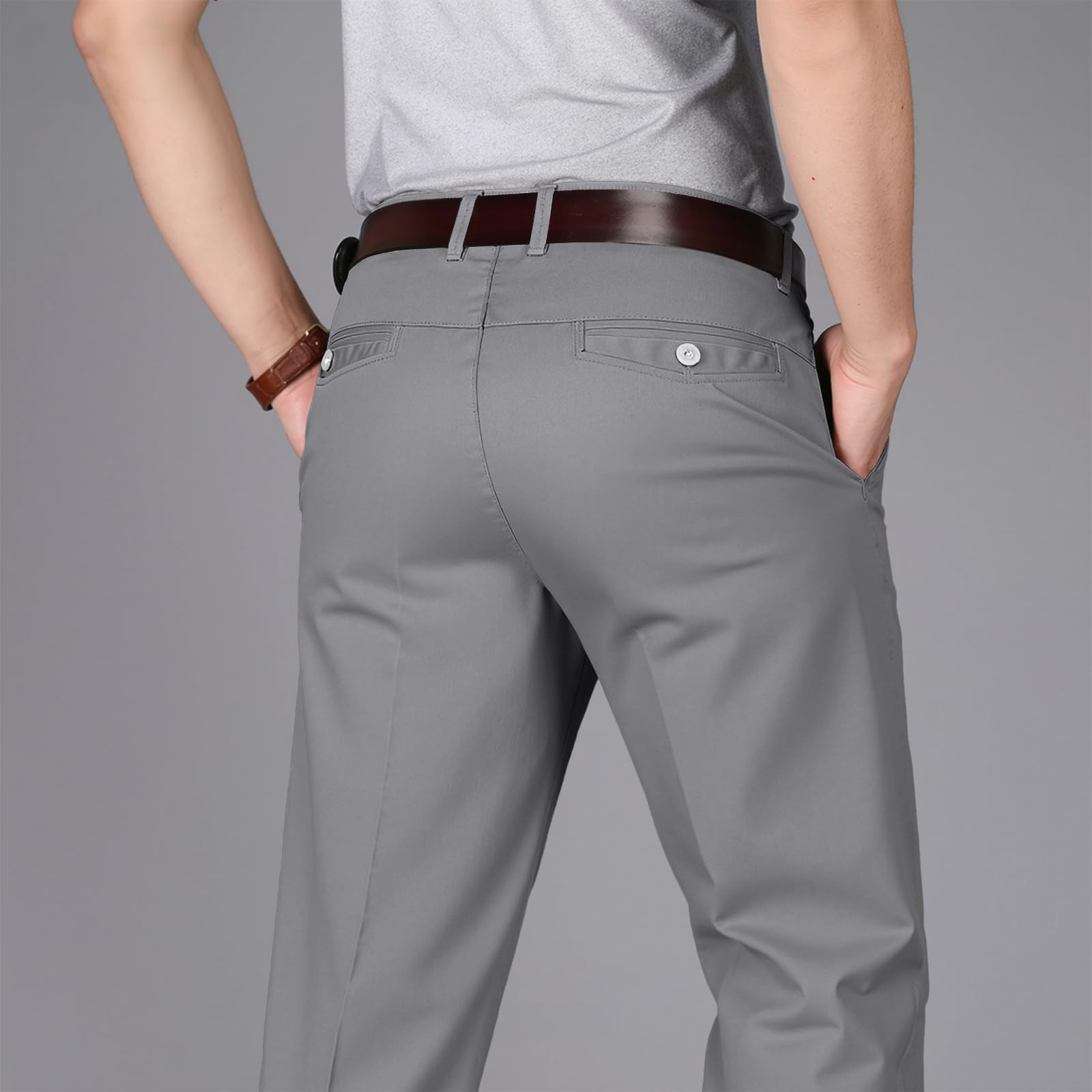 Pantalon Homme Anti-Rides 100% Coton Taille Normale Tube Droite Décontracté avec Poches