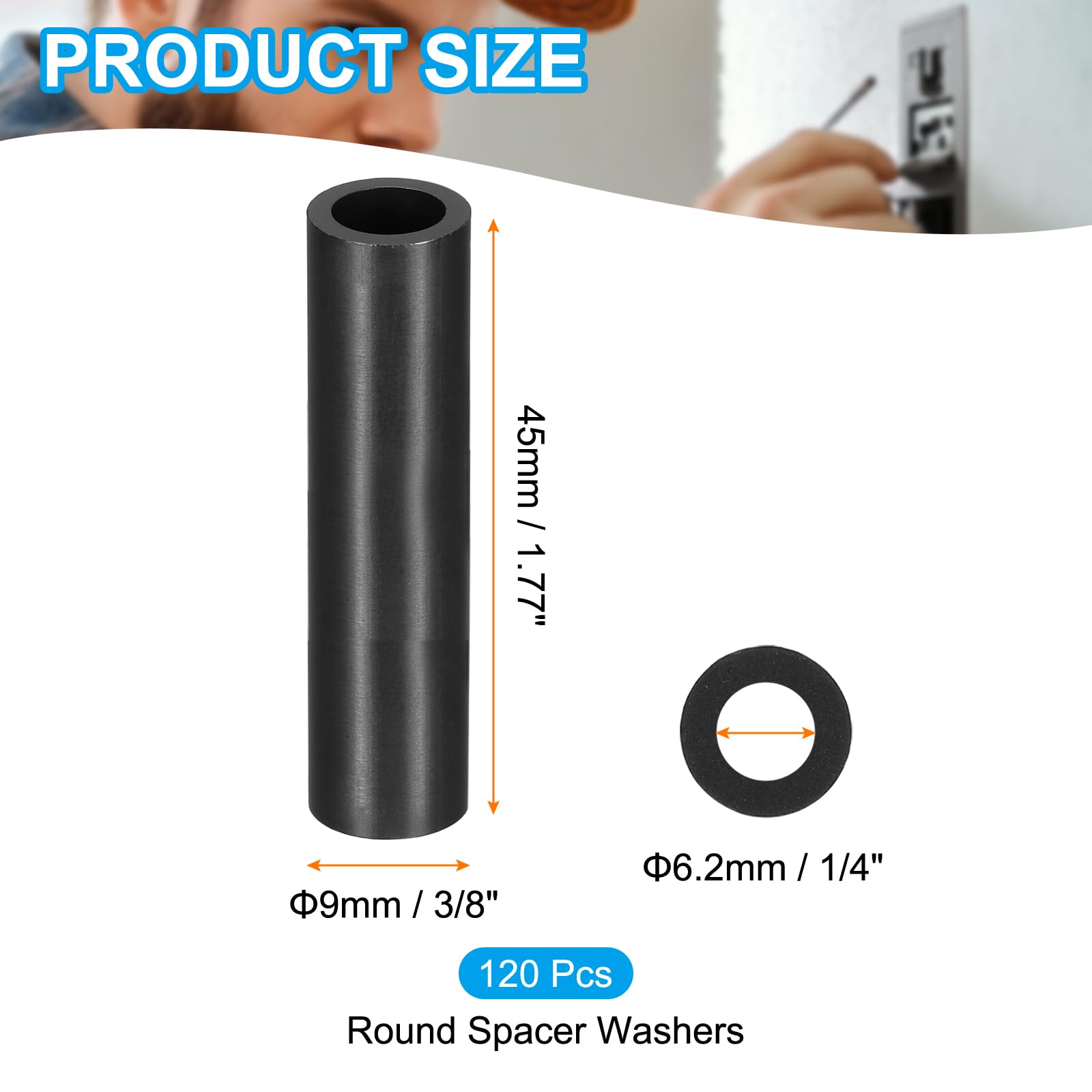 PATIKIL 120Pcs M4 ABS Spacers M6 x 9mm OD x 45mm L Plastic Round Spacer Washers Black Standoff Nut Unthreaded for Screws Bolts Electrical Outlet - Image 2