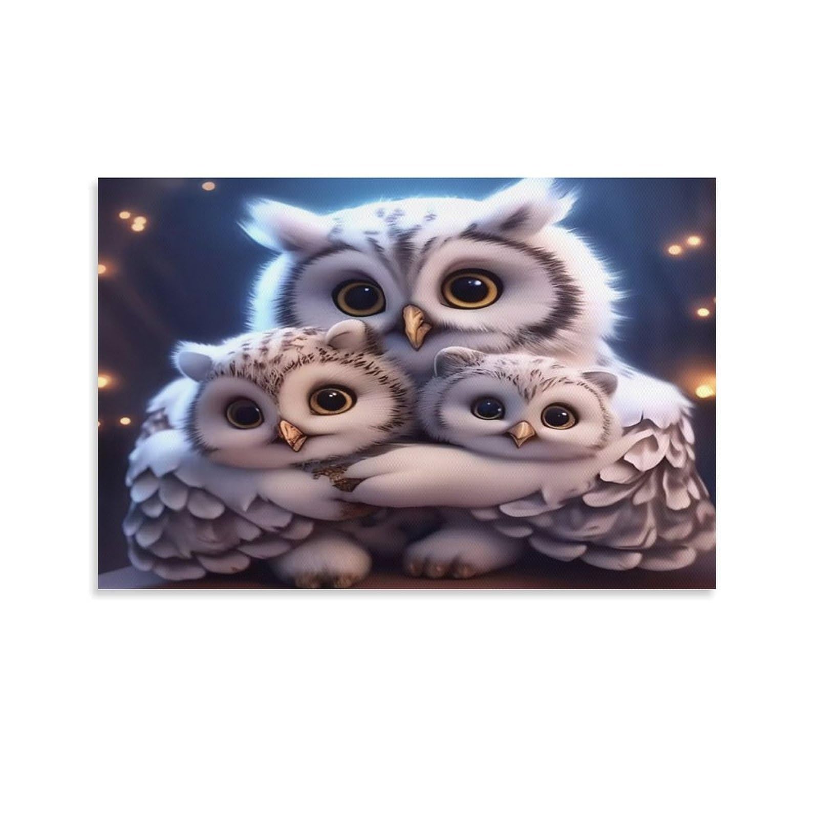 CPLVKWRQJ Snowy Owl on Christmas Tree 1 Piece Mother Owl Cuddles Two Fluffy Baby Owls Framed Canvas Print - Living Room Focal Point Fade Resistant Ready to Hang Wall Art 16x24inch(40x60cm)