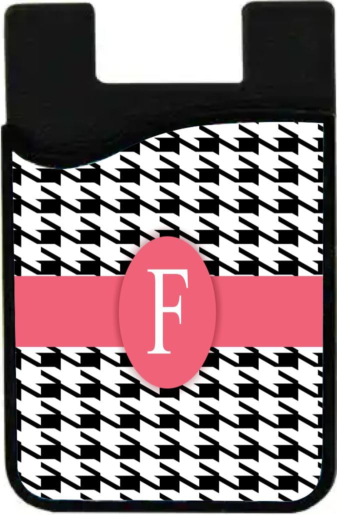 Island Gifting - Letter F Monogram - Houndstooth Dogtooth Rose Pink on Black Design - Stick-on ID Card Holder for iPhone/Galaxy/Google Android Cases