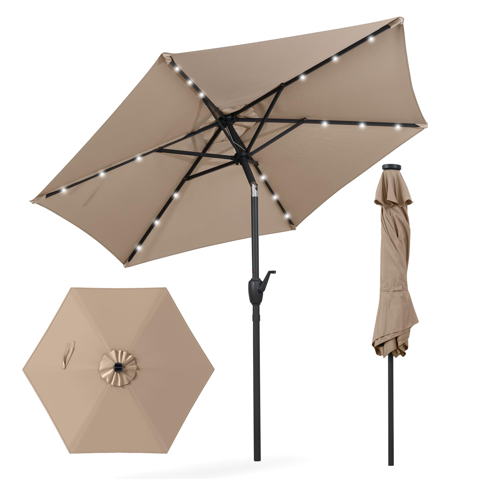 KOMFOTTEU Ombrellone da Giardino con LED 230 cm, Ombrellone da Spiaggia Inclinabile e Portatile, con 6 Aste e Manovella in Metallo, Anti UV, da Esterno per Patio, Piscina, Mercato, Terrazzo