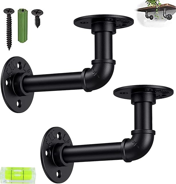 Pipe Shelf Brackets, eSynic 2Pcs Pipe Shelf Brackets Industrial Pipe Shelf Brackets Tube Rack Industrial Pipe Brackets Floating Shelves for Scaffold Board (15 * 8cm) with a Mini Bubble Spirit Level