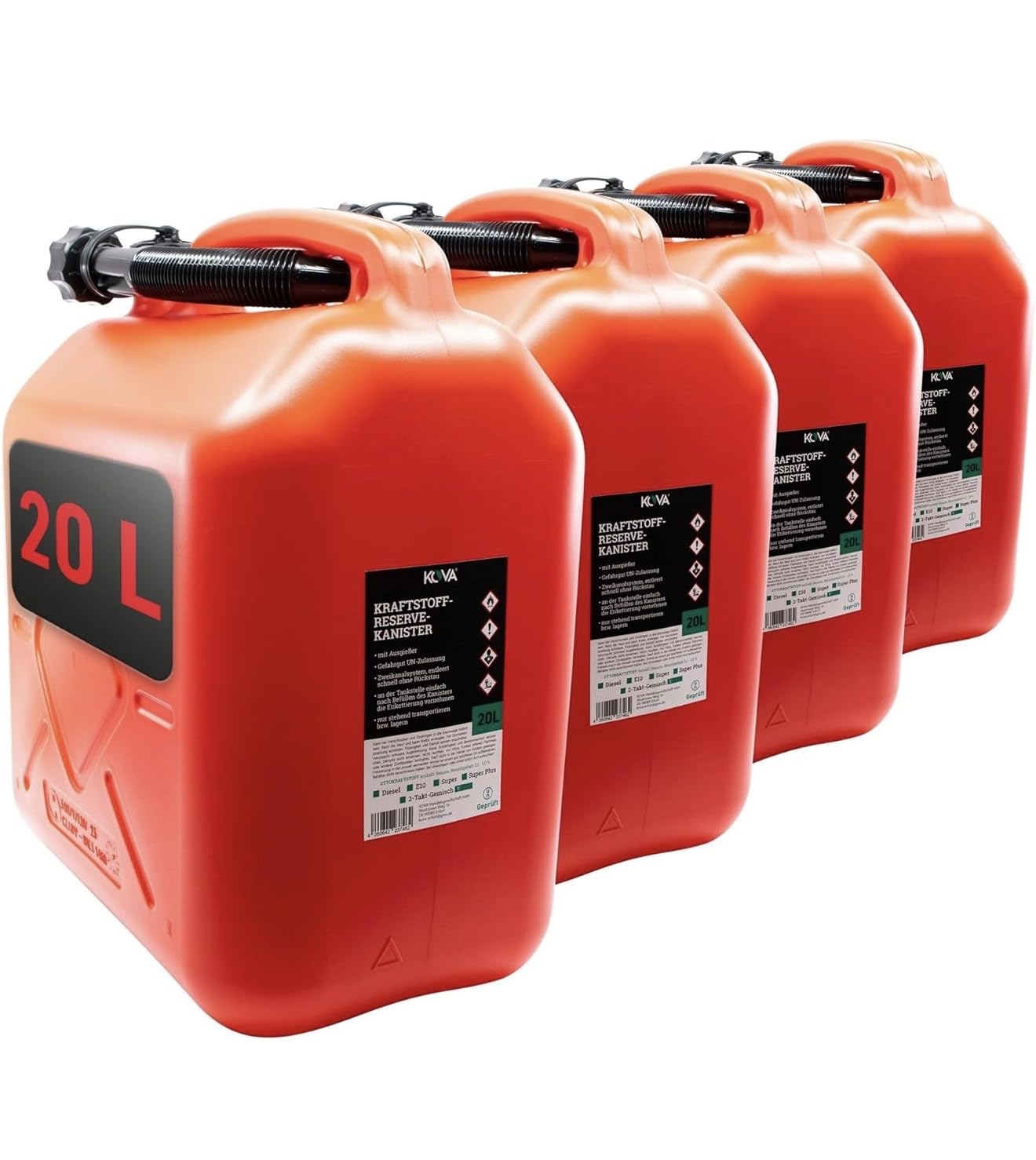 KOVA 4x Benzinkanister 20L ROT Kunststoff Dieselkanister Reservekanister Kraftstoffkanister 20 Liter Wasserkanister für Benzin Diesel Wasser AdBlue, 20-Liter-Kanister & Außgießer 20 ltr Petrol Can