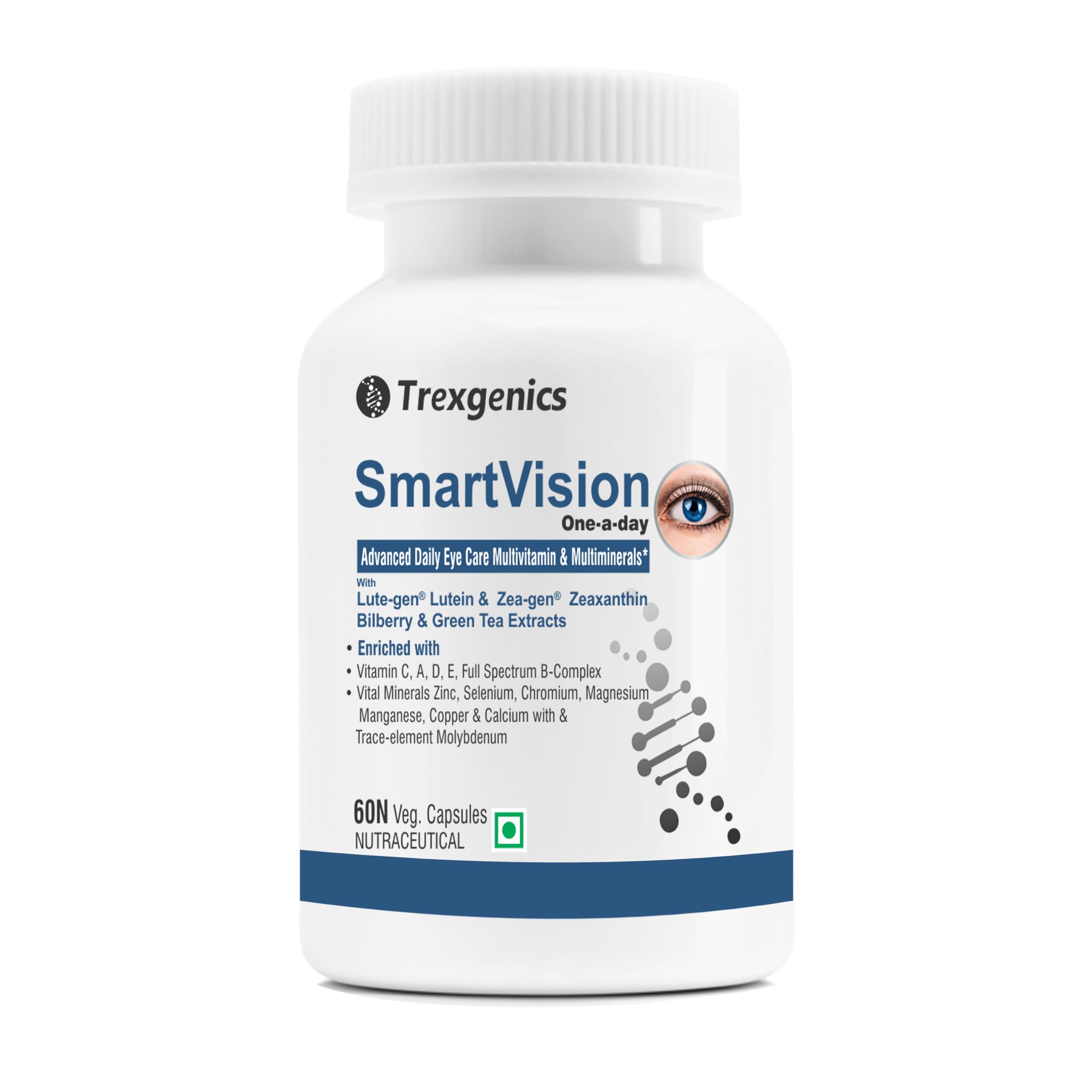 Trexgenics Smartvision Advanced Eye Care Multivitamin with Lutein, Zeaxanthin, Bilberry, Green Tea, Vitamin A, d, e, c, B-Complex and Minerals One-a-Day Formula for Digital Age -60 Veg. Capsules