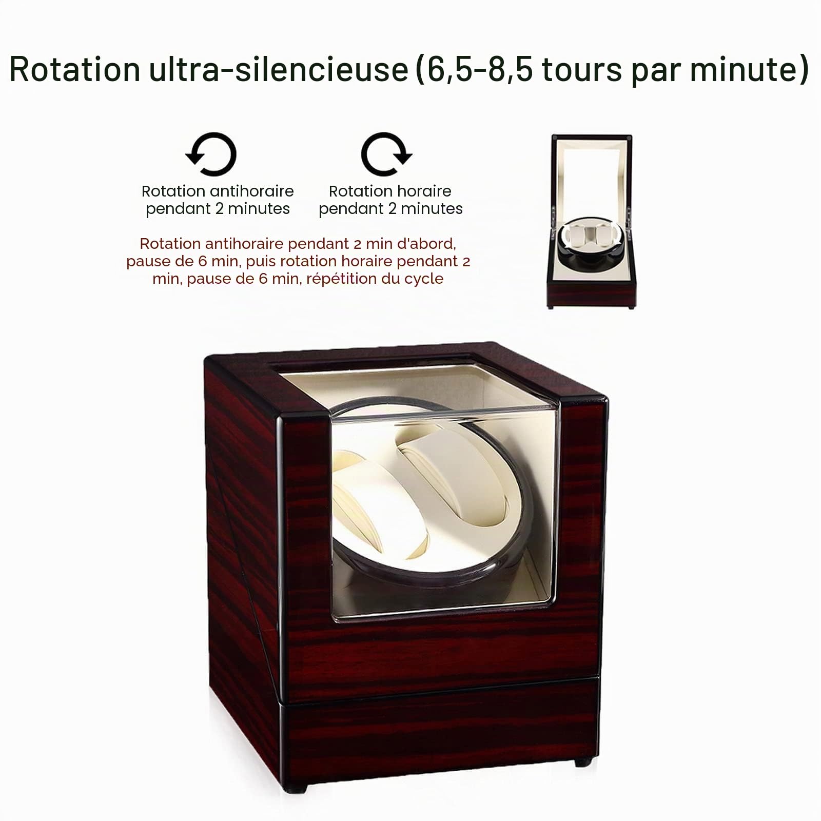 Uten Remontoir à Montres Ecrins pour Montres Automatiques Boîte de Rangement Tourne Montre en Bois Silencieux pour 2 Montres Homme Femme
