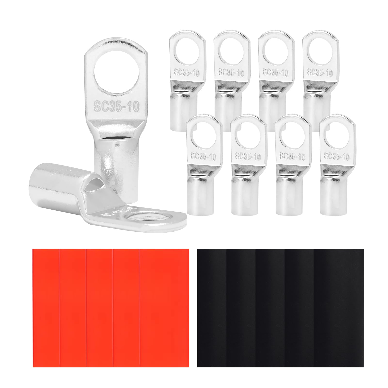 10PCS 2 Gauge Wire Connectors with Heat Shrink Tubing, Battery Terminal Ends, Tinned Copper Ring Terminals for 2 AWG - for Automotive, RV, Solar &