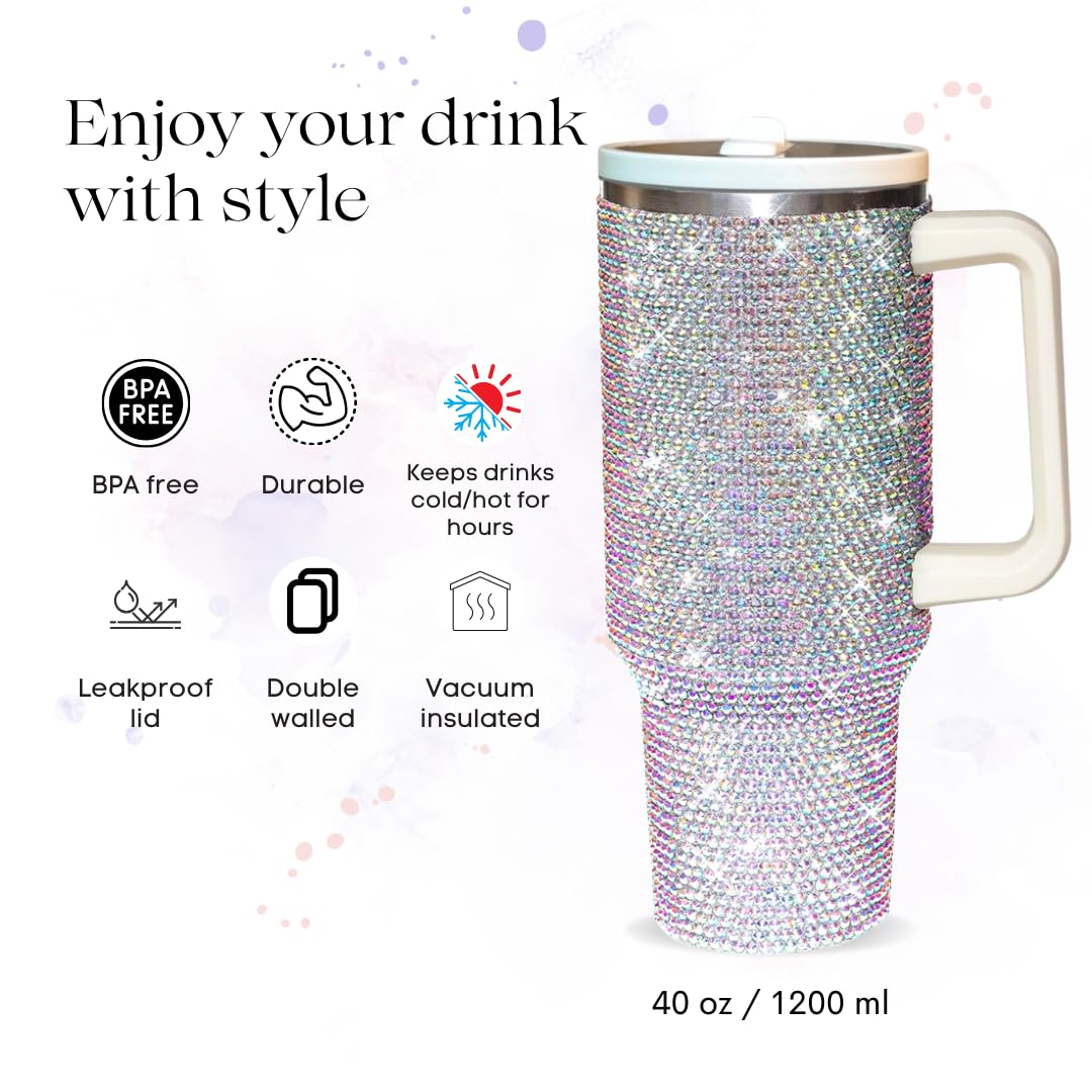 Trinkbecher mit Strassbesatz, Trinkhalm und Deckel, isoliert, Edelstahl, doppellagig, für Damen, wiederverwendbar, Reise-Kaffeetasse (1200 ml), Weiß AB