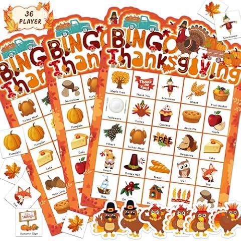 MISS FANTASY 61PCS Thanksgiving Games Activities Crafts for Kids-2 in 1 36 Players Thanksgiving Bingo Game Turkey Reward Stickers for Kids Thanksgivings Party Favors Supplies for Classroom Family Cover
