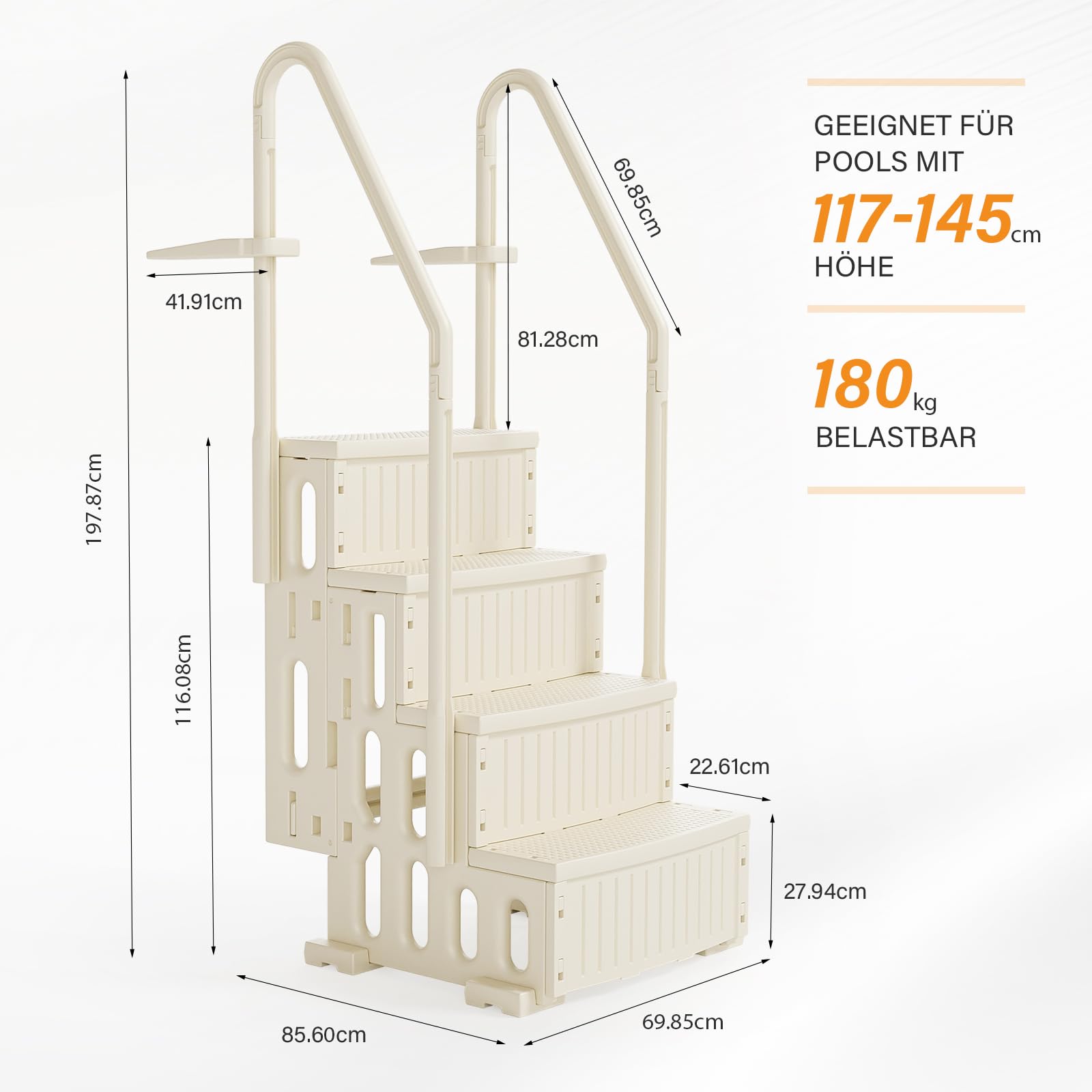 Bonnlo Poolleiter, Pooltreppe aus Kunststoff, mit rutschfesten Streifen und Handläufen, 4-stufig, bis 180 kg belastbar, für Oberirdische/Einbaupools, Weiß