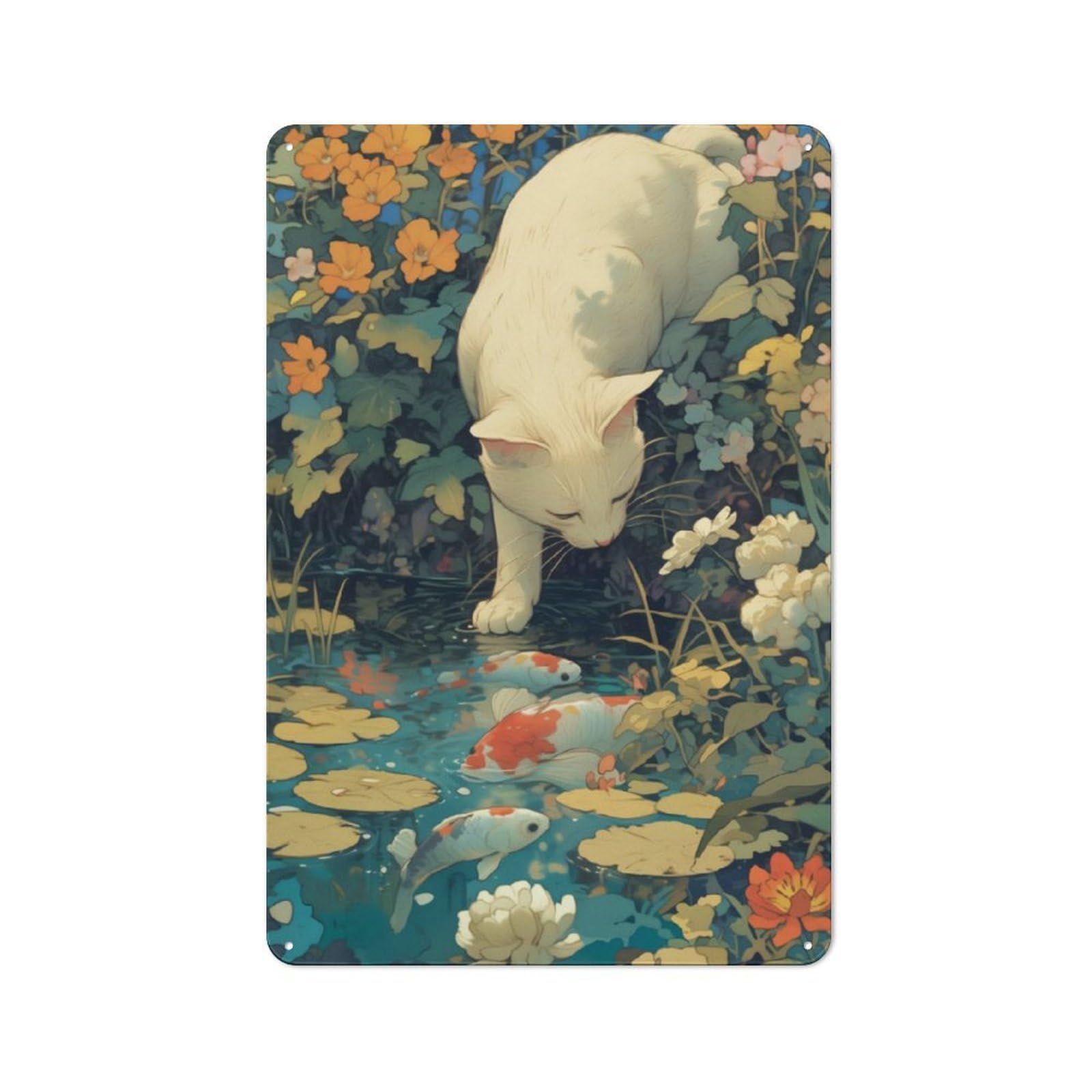 Junmoney Cat By The Koi Fish Pond Rustic Tin Wall Sign 30X20cm, Kitchen Wall Decor For Bakery, Diner, Cafe Or Family Room