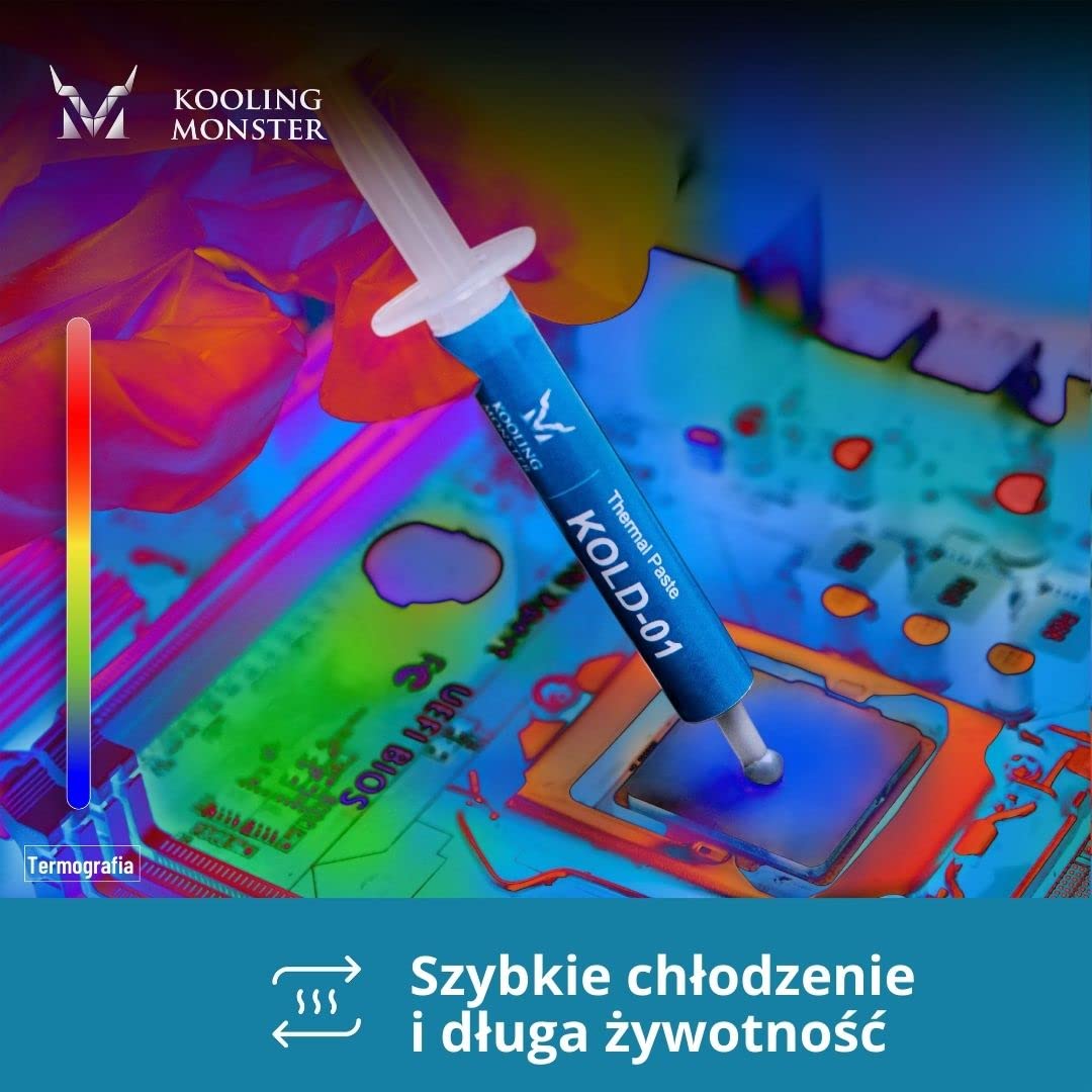 KOLD-01, Wysokowydajna Pasta Termoprzewodząca z Silikonu do Chłodzenia Wszystkich CPU/Radiatorów, Pasta Silikonowa Zaprojektowana dla Łatwego Rozprowadzania, Zawiera Rękawice i Chusteczki Czyszczące, Bez Zapachu (0,7ml/1,8g)
