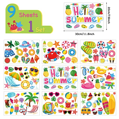 129Pcs Hello Summer Window Clings Stickers Hawaiian Luau Beach Double-Sided Window Art Seasons Decals For Tropical Summer Pool Party Baby Shower School Home Office Accessories Party Supplies Gifts, 9 Sheets(Summer) #TOP3