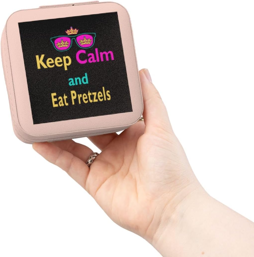 3dRose CMYK Keep Calm Parody Hipster Crown And Sunglasses Keep Calm And Eat Pretzels Jewelry Travel Case Pink