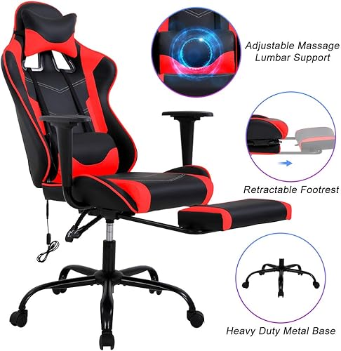 Miniatura 25 de PC Gaming Chair Ergonomic Racing Office Chair Video Game Chair, Massage Function Lumbar Support with Arms Footrest & Headrest Nice Chic Desk Chair,