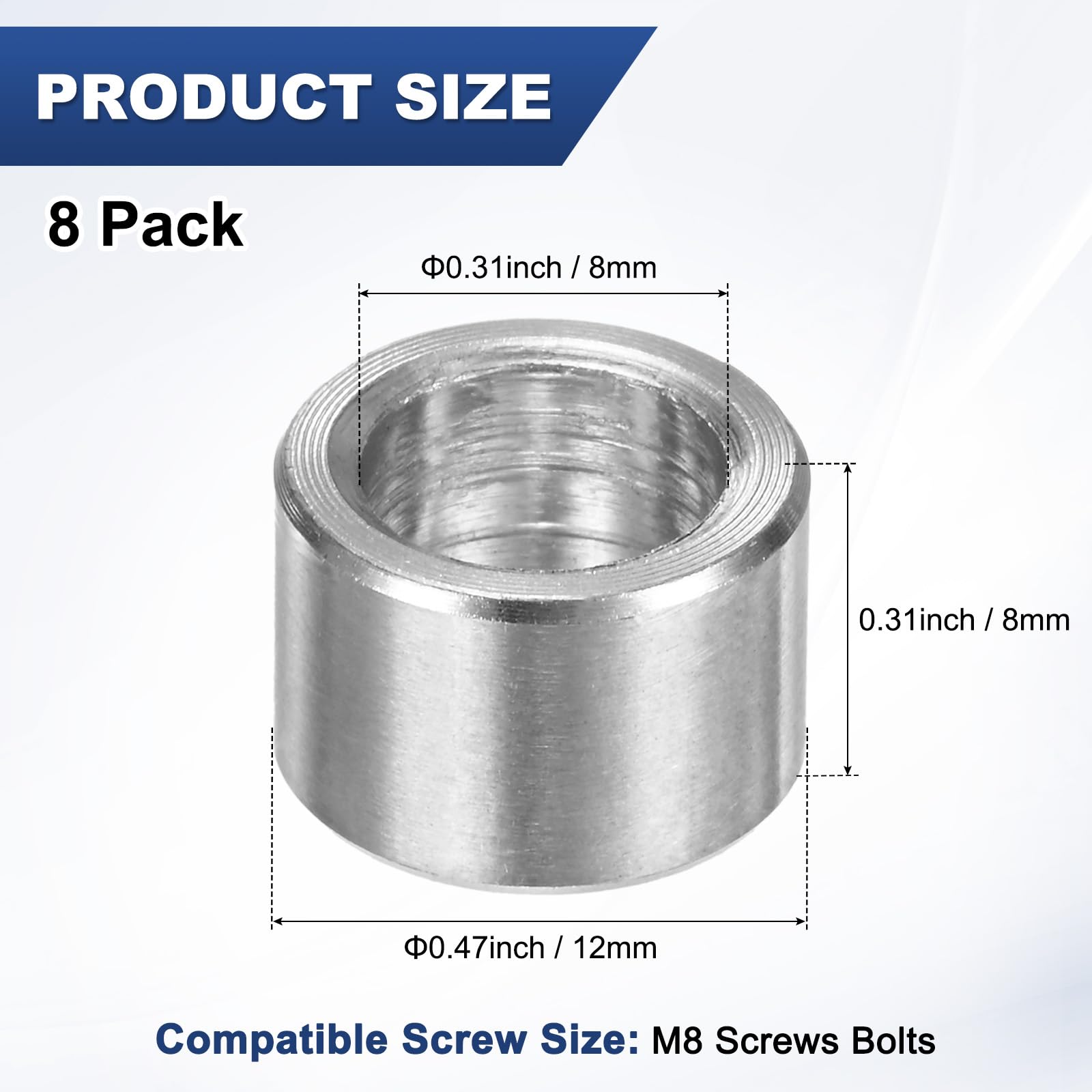 M METERXITY 8PCS M8 304 Stainless Steel Spacers 8mm ID x 12mm OD x 8mm l Metal Screw Standoff Bushing Plain Finish Round Spacer 304 Stainless Steel for Screws Bolts Silver - Image 3