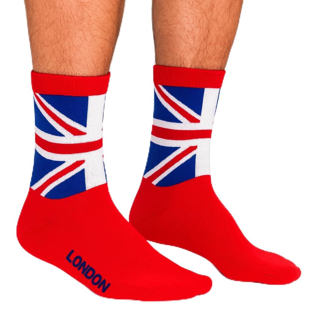 Bells Box 2 Pairs Mens Union Jack Socks - Red Colour British Flag Sock - UJ London Man Socks - One Size